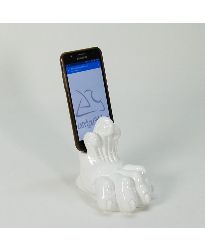 Porta cellulare - porta tablet a forma di zampa di leone in resina decorata a mano.  Colore bianco. Made in Italy, Antartidee